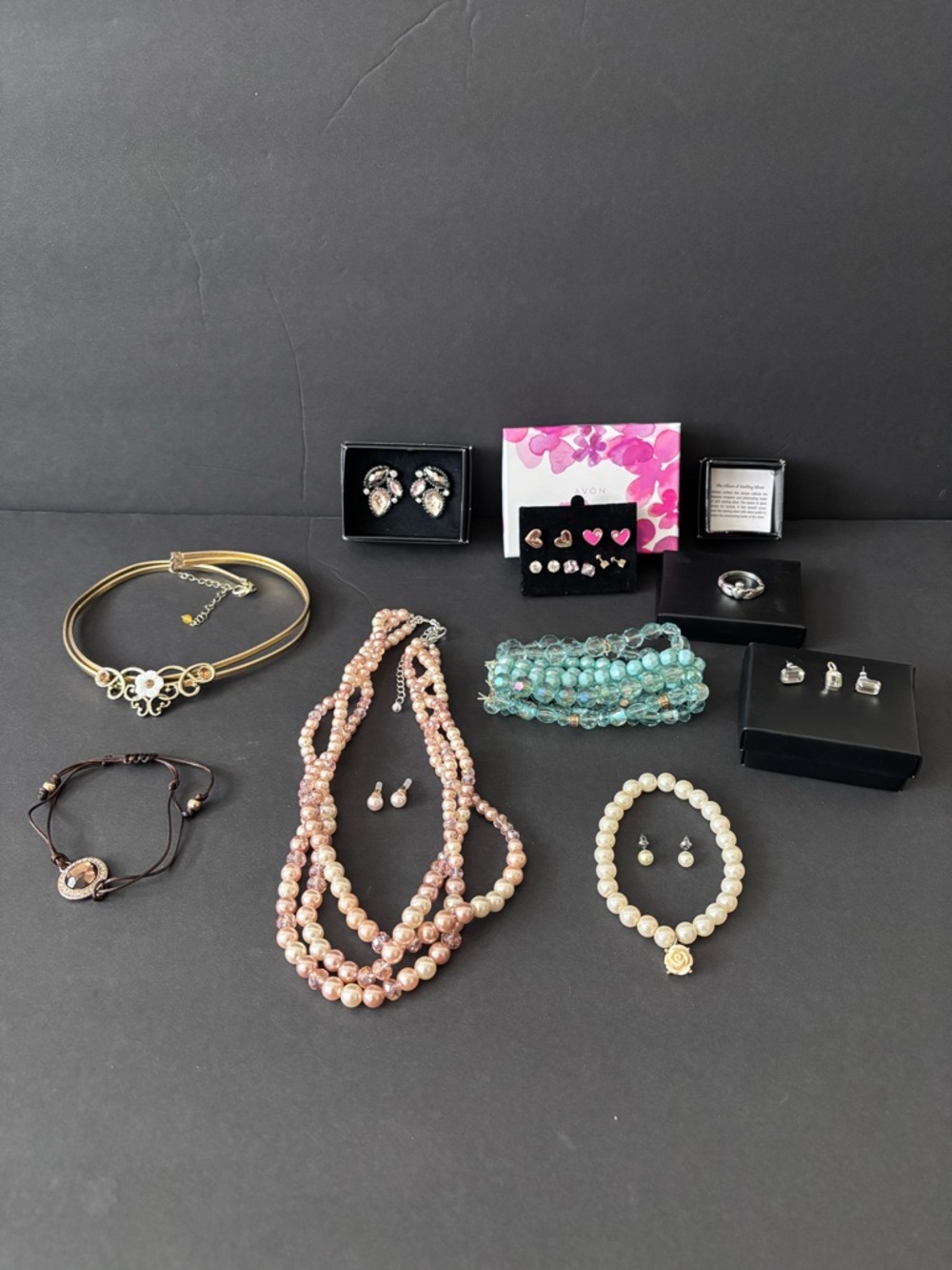 Avon Women’s 9pc Mixed Jewelry Lot Beads, Faux Pearl, Silver, Rhinestones